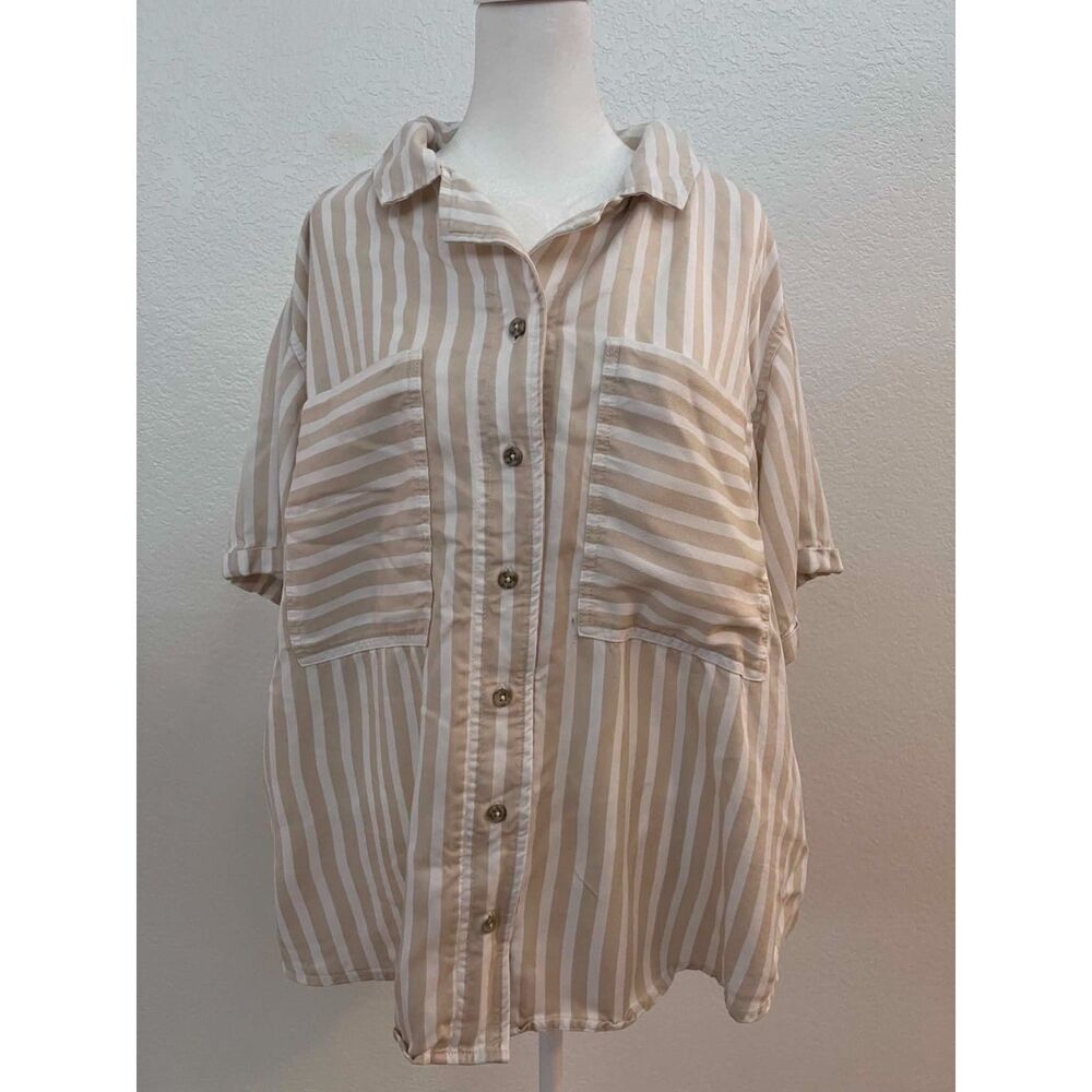 Member’s Mark Tencel Camp Shirt 3XL Beige White Striped Button Up Lyocell